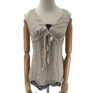 White House Black Market Tan Black Silk Lace Sleeveless Blouse Size Med Women’s